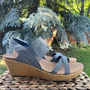 Skechers Cali Beverlee Navy Blue Fabric & Mesh Wedge Sandals. Women’s size 10